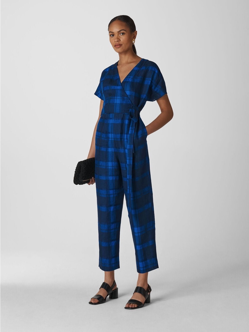 Whistles Blue Check Wrap Linen Jumpsuit